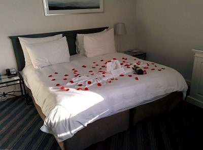A “honeymoon” note in our reservation at the Radisson Blu Waterfront Hotel in Cape Town, South Africa led to a rose-petal-covered bed and a bottle of champagne! Similar treats greeted us at other hotels also.